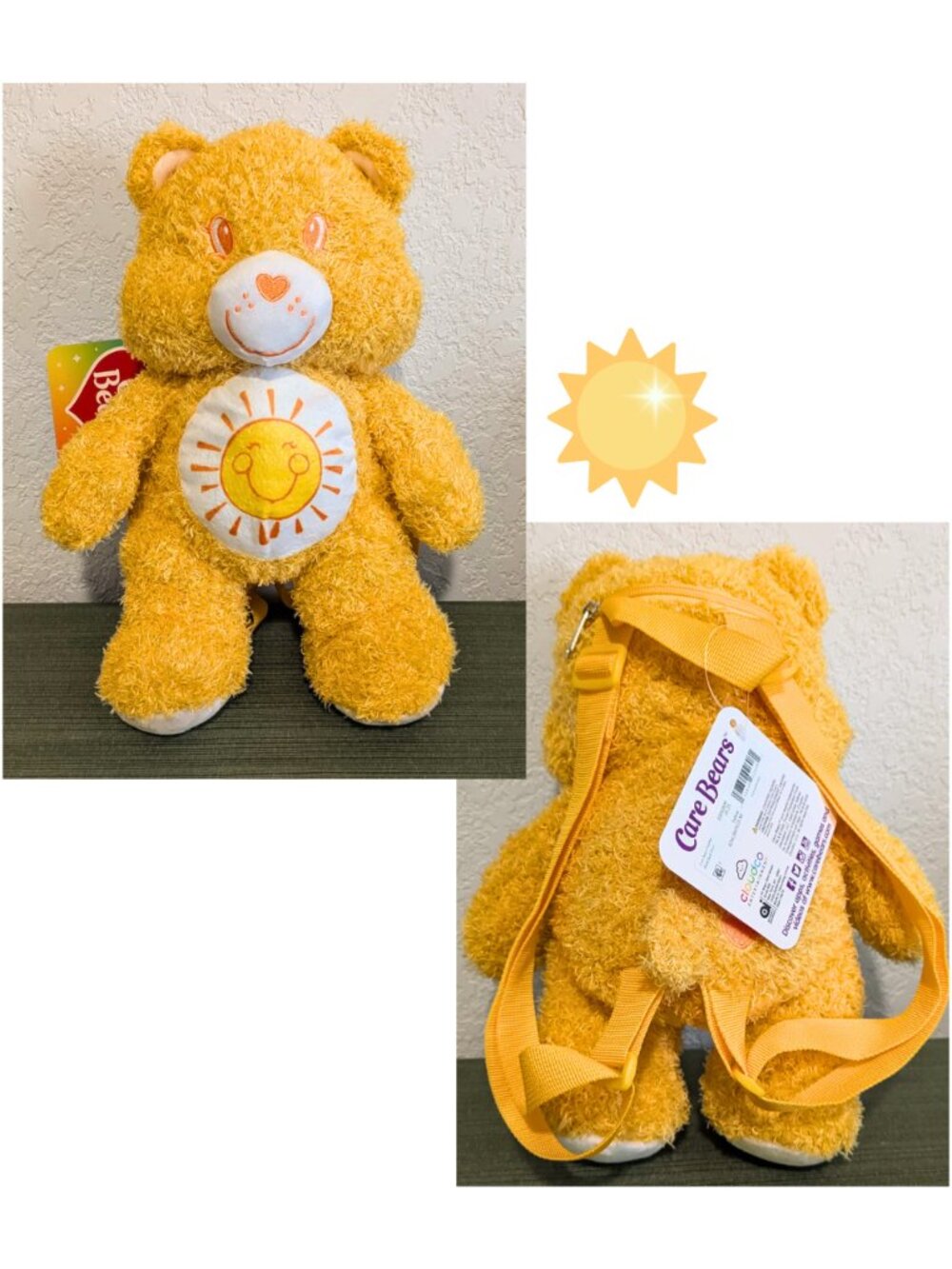 2025 Care Bears Funshine Bear Yellow Plush Backpack Bag CloudCo NWT